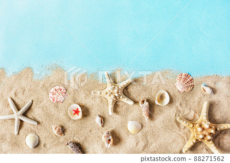 Golden sea sand with starfish and shells on pastel blue background top view. 88271562