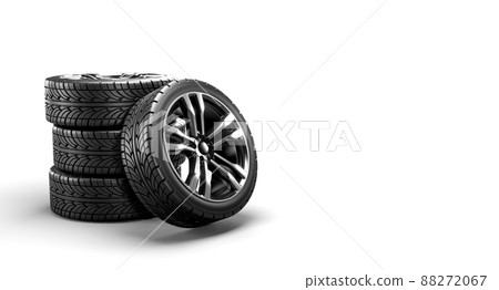 Five car wheels on a white background. 3D rendering illustration. Five car wheels on a white background. 3D rendering illustration. 88272067
