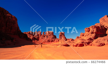 Landscape of sand dune and sandstone nature sculpture at Tamezguida in Tassili nAjjer national park, Algeria Landscape of sand dune and sandstone nature sculpture at Tamezguida in Tassili nAjjer national park, Algeria 88274466