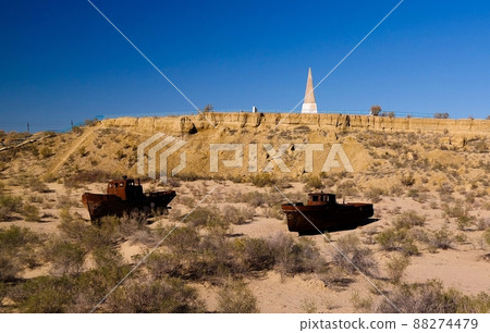 Panorama of ship cemetery near Moynaq at sunrise, Karakalpakstan, Uzbekistan Panorama of ship cemetery near Moynaq at sunrise, Karakalpakstan, Uzbekistan 88274479