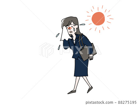 在炎熱的天氣裡營業的女商人漫畫手寫人物矢量、線條畫和顏色 88275195