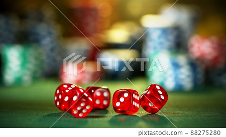 Red dice rotating in the air, poker chips on background. 88275280