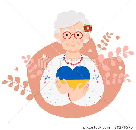 cute elderly Ukrainian pensioner woman with glasses in traditional embroidered shirt hugs yellow-blue heart. color of Ukrainian flag. Vector illustration. Ukrainian character in flat style cute elderly Ukrainian pensioner woman with glasses in traditional embroidered shirt hugs yellow-blue heart. color of Ukrainian flag. Vector illustration. Ukrainian character in flat style 88276579