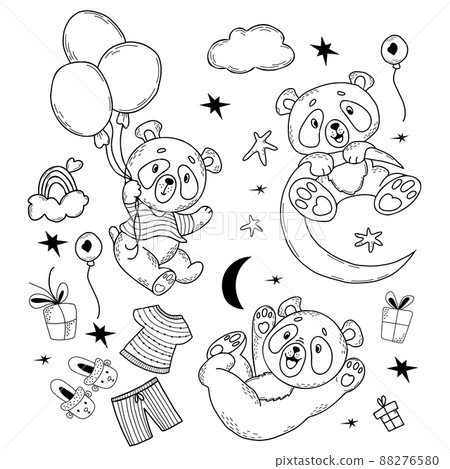 Set of cute panda characters. Panda in striped T-shirt flies on balloons, plays and hangs on moon, gifts and rainbow in clouds. Vector illustration in linear hand doodles style Set of cute panda characters. Panda in striped T-shirt flies on balloons, plays and hangs on moon, gifts and rainbow in clouds. Vector illustration in linear hand doodles style 88276580