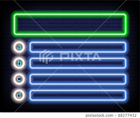 Neon quiz game template. Four options answers for knowledge exam in school, tv show. Vector Illustration 10 eps. 88277432