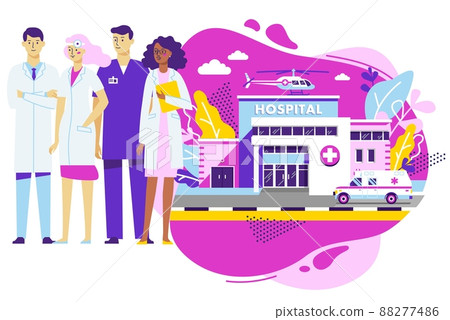 Medical concept with group of young doctors and hospital building in flat style. Medical concept with group of young doctors and hospital building in flat style. 88277486