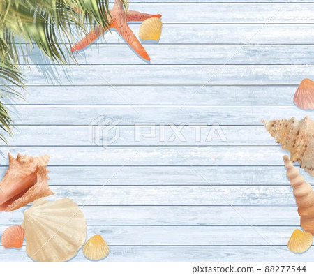 Summer image wallpaper and background material with starfish and seashells on palm tree leaves and light blue wooden deck 88277544
