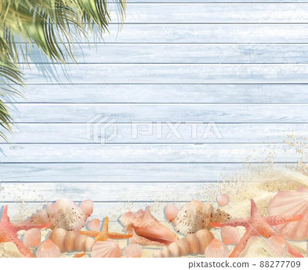 Summer image wallpaper and background material with starfish and seashells on palm tree leaves and light blue wooden deck 88277709