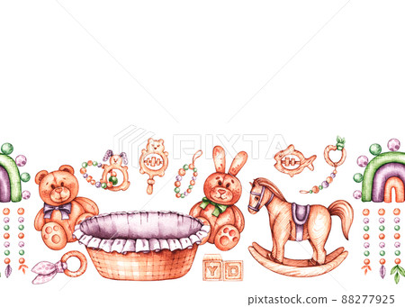 Watercolor border for children with a teddy bear, a cradle, a horse Watercolor border for children with a teddy bear, a cradle, a horse 88277925