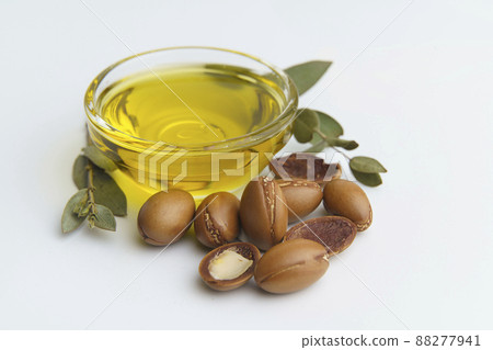 Argan seeds and oil isolated on a white background. Argan oil nuts with plant. Cosmetics and natural oils background 88277941