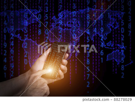 Hand with a phone on the background of 5g digital statistics, growth charts, analytics and big data. Business, income, cryptocurrency concept 88278029