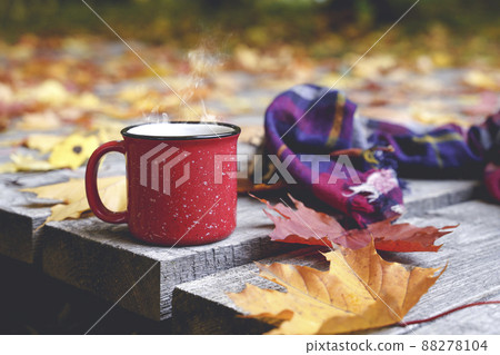Autumn coffee or tea in a cup on a wooden table against the background of yellow fallen leaves and October weather. Autumn drink, mood and comfort concept. Autumn coffee or tea in a cup on a wooden table against the background of yellow fallen leaves and October weather. Autumn drink, mood and comfort concept. 88278104