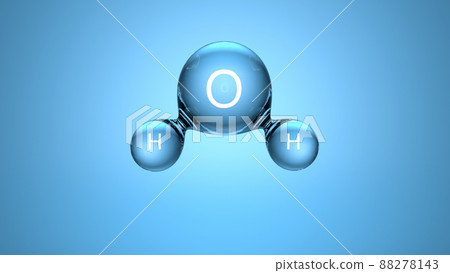 3d chemical formula of water. H2O water molecule on a blue clean background. Science, chemistry, biology, education concept. 3d chemical formula of water. H2O water molecule on a blue clean background. Science, chemistry, biology, education concept. 88278143