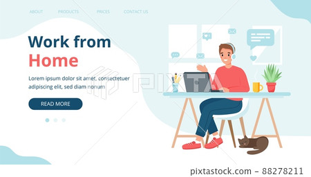 Work from home landing page template, man studying from home, online student. Cute vector illustration in flat style 88278211