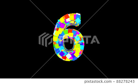 Number 6. 3D Bright colored uppercase large number 6 empty black background isolate. Color font 88278243