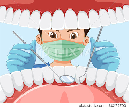 Dentist holding instruments examining patient teeth inside human mouth 88279700