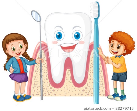 Happy kids holding toothbrush with big tooth on white background 88279713