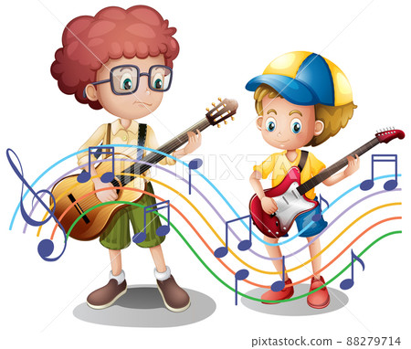 A little boy playing guitar with music notes on white background 88279714