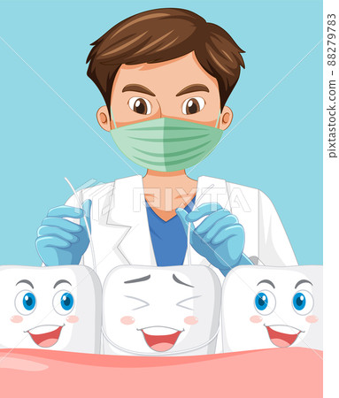 Dentist holding instruments and examining teeth on white background Dentist holding instruments and examining teeth on white background 88279783