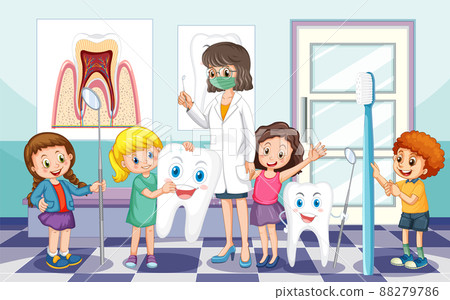 Dentist and happy children holding toothpaste toothbrush and floss on white background 88279786