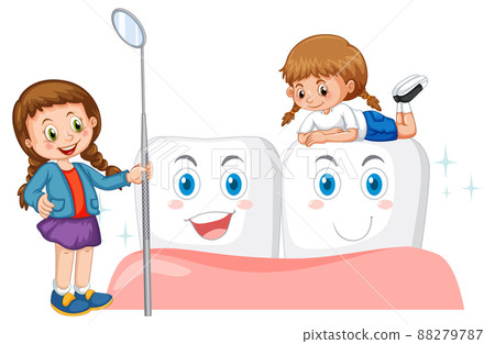 Children holding dental mirror with whiten teeth on white background 88279787