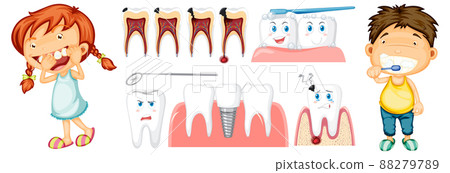 Happy kid flossing teethand brushing teeth with with different teeth condition Happy kid flossing teethand brushing teeth with with different teeth condition 88279789