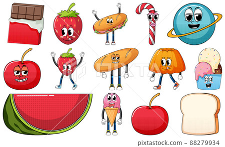 Set of facial expression with vintage style food cartoon on white background 88279934