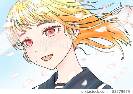 A color illustration of a female student in the middle of cherry blossom petals dancing and the wind blowing ・Outline = black ・Eyes = pink ・Hair = gold A color illustration of a female student in the middle of cherry blossom petals dancing and the wind blowing ・Outline = black ・Eyes = pink ・Hair = gold 88279979