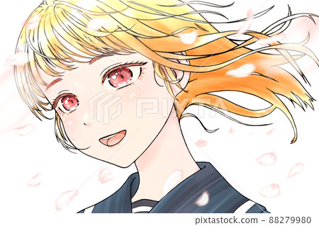 Cherry blossom petals dancing, color illustration of a schoolgirl in the wind ・Outline = black ・Eyes = pink ・Hair = gold ・No background Cherry blossom petals dancing, color illustration of a schoolgirl in the wind ・Outline = black ・Eyes = pink ・Hair = gold ・No background 88279980