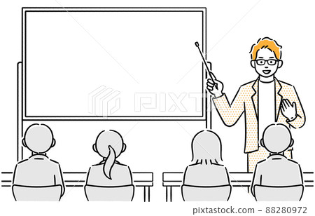 Scene illustrations of seminar lecturers (male) and people listening to explanations Scene illustrations of seminar lecturers (male) and people listening to explanations 88280972