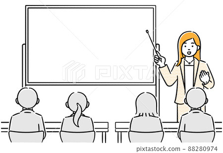 Scene illustrations of seminar lecturers (female) and people listening to explanations Scene illustrations of seminar lecturers (female) and people listening to explanations 88280974