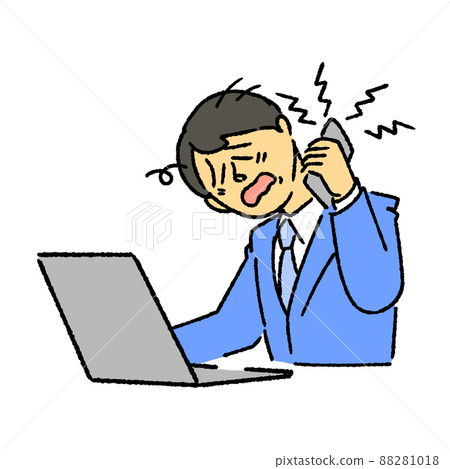 A businessman who makes a phone call to handle complaints while looking at a computer A businessman who makes a phone call to handle complaints while looking at a computer 88281018