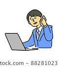 A businessman who makes a phone call to handle complaints while looking at a computer 88281023