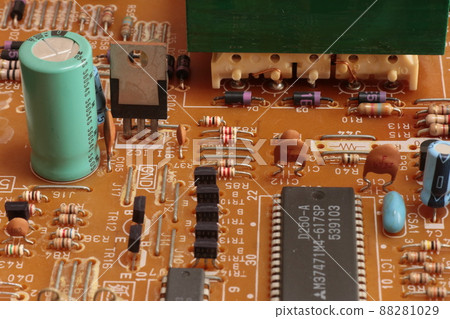 Electronic circuit board with various electronic components lined up Electronic circuit board with various electronic components lined up 88281029