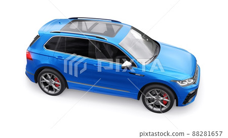 Compact blue sports city SUV for exciting driving, for work and family on a white isolated background. 3d rendering. Compact blue sports city SUV for exciting driving, for work and family on a white isolated background. 3d rendering. 88281657