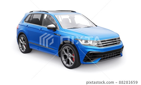 Compact blue sports city SUV for exciting driving, for work and family on a white isolated background. 3d rendering. Compact blue sports city SUV for exciting driving, for work and family on a white isolated background. 3d rendering. 88281659