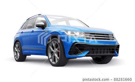 Compact blue sports city SUV for exciting driving, for work and family on a white isolated background. 3d rendering. Compact blue sports city SUV for exciting driving, for work and family on a white isolated background. 3d rendering. 88281660