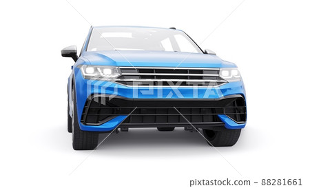 Compact blue sports city SUV for exciting driving, for work and family on a white isolated background. 3d rendering. Compact blue sports city SUV for exciting driving, for work and family on a white isolated background. 3d rendering. 88281661
