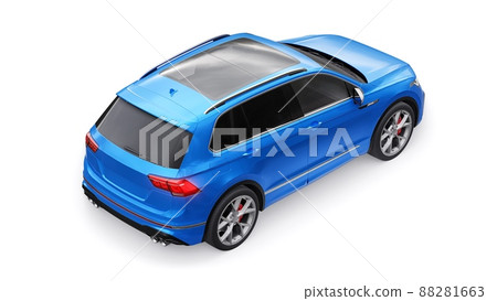 Compact blue sports city SUV for exciting driving, for work and family on a white isolated background. 3d rendering. Compact blue sports city SUV for exciting driving, for work and family on a white isolated background. 3d rendering. 88281663