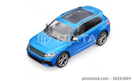 Compact blue sports city SUV for exciting driving, for work and family on a white isolated background. 3d rendering. Compact blue sports city SUV for exciting driving, for work and family on a white isolated background. 3d rendering. 88281664