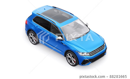 Compact blue sports city SUV for exciting driving, for work and family on a white isolated background. 3d rendering. Compact blue sports city SUV for exciting driving, for work and family on a white isolated background. 3d rendering. 88281665