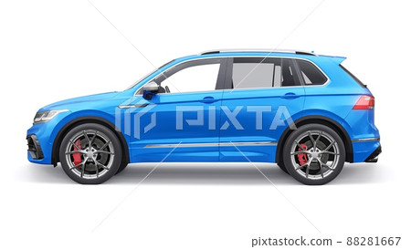 Compact blue sports city SUV for exciting driving, for work and family on a white isolated background. 3d rendering. Compact blue sports city SUV for exciting driving, for work and family on a white isolated background. 3d rendering. 88281667