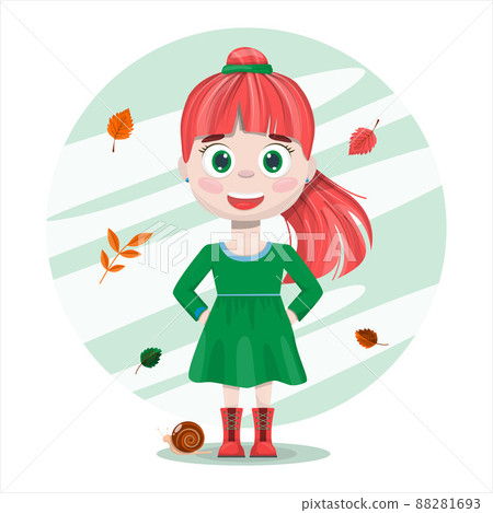 Vector flat ute smile girl. Cartoon pretty little woman in dress with background. A cheerful beautiful child. Dresses for different seasons 88281693