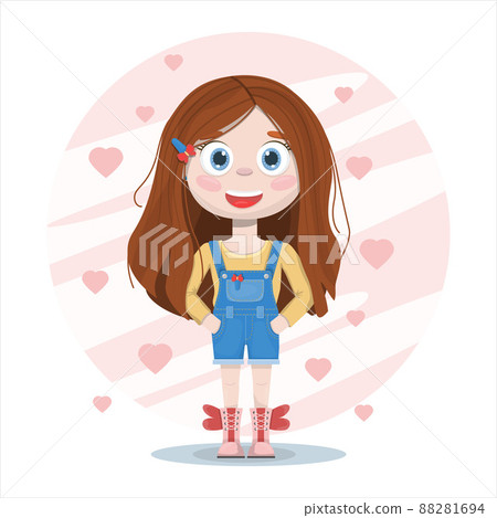 Vector flat ute smile girl. Cartoon pretty little woman in denim suit with background. A cheerful beautiful child. Dresses for different seasons 88281694