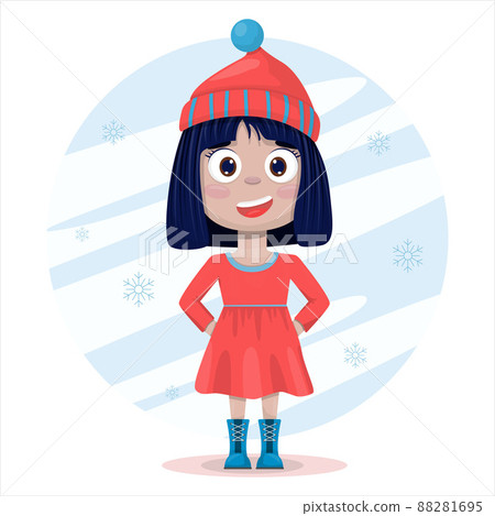 Vector flat ute smile girl. Cartoon pretty little woman in dress with background. A cheerful beautiful child. Dresses for different seasons Vector flat ute smile girl. Cartoon pretty little woman in dress with background. A cheerful beautiful child. Dresses for different seasons 88281695