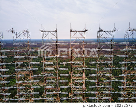 Aerial view of Duga radar system in abandoned military base in Chernobyl 88282572