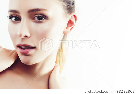young sweet brunette woman close up isolated on white background, perfect pure innocense beautiful 88282865