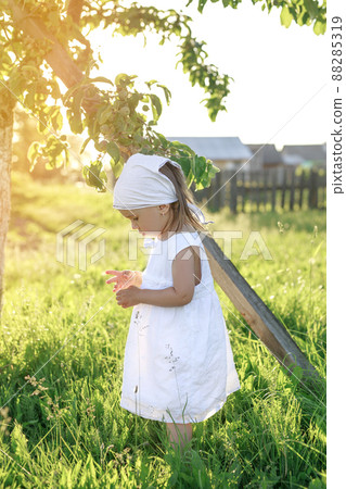 A girl in a white dress and a kerchief is standing under an apple tree in the sunlight. Barefoot baby in the garden A girl in a white dress and a kerchief is standing under an apple tree in the sunlight. Barefoot baby in the garden 88285319