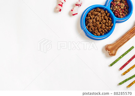 Dry pet food in bowl and bone on white background top view Dry pet food in bowl and bone on white background top view 88285570