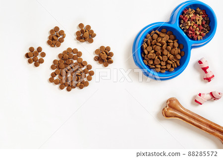 Dry pet food in bowl and bone on white background top view Dry pet food in bowl and bone on white background top view 88285572